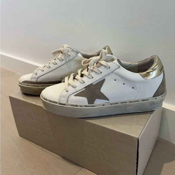 Golden Goose White and Gold Platform Sneakers - Picture 3 of 9